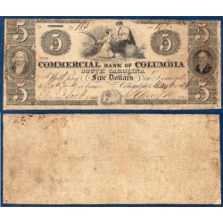 Etats Confédérés Caroline du Sud Commercial bank of columbia , Billet de banque de 5 Dollars