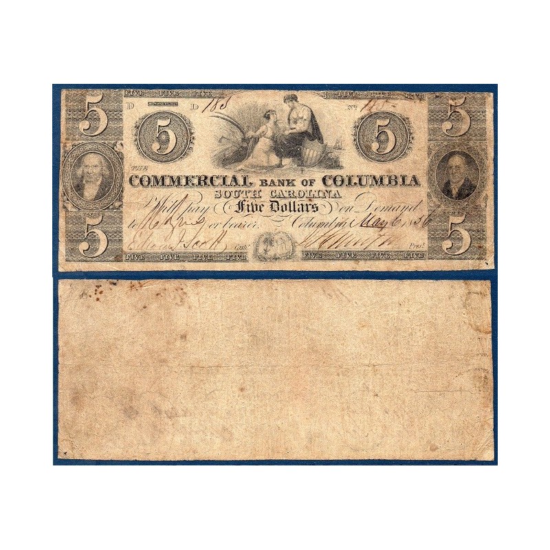 Etats Confédérés Caroline du Sud Commercial bank of columbia , Billet de banque de 5 Dollars