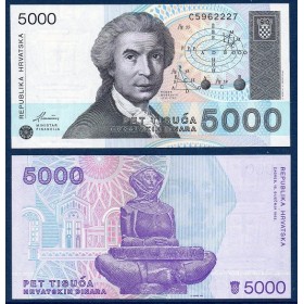 Croatie P.24a, Neuf Billet de 5000 Dinara 1992 Ruder Boskovic