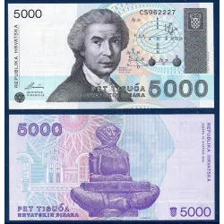 Croatie Pick N°24a, Billet de banque de 5000 Dinara 1992
