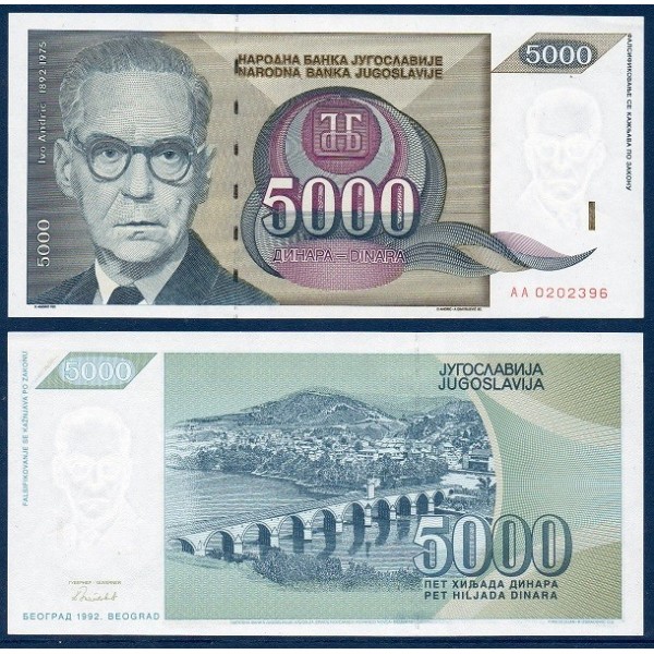 Yougoslavie Pick N°115, Billet de banque de 5000 Dinara 1992