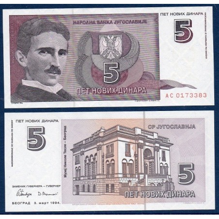 Yougoslavie P.148, neuf Billet de 5 Dinara 1994 Nikola Tesla