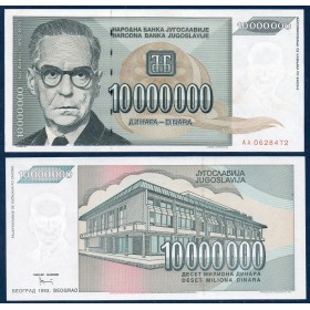 Yougoslavie P.122, neuf Billet de 10.000.000 Dinara 1993 Ivo Andric
