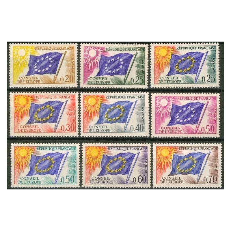 Timbres France Services Yvert 27-35 Série drapeau du conseil de l'Europe