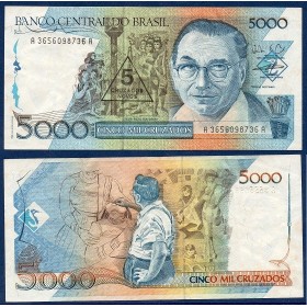 Bresil Pick N°217b, TTB Billet de banque de 5 Cruzados Novos 1989