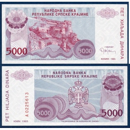 Croatie (serbie) Pick N°R20a, Billet de banque de 5000 Dinara 1993