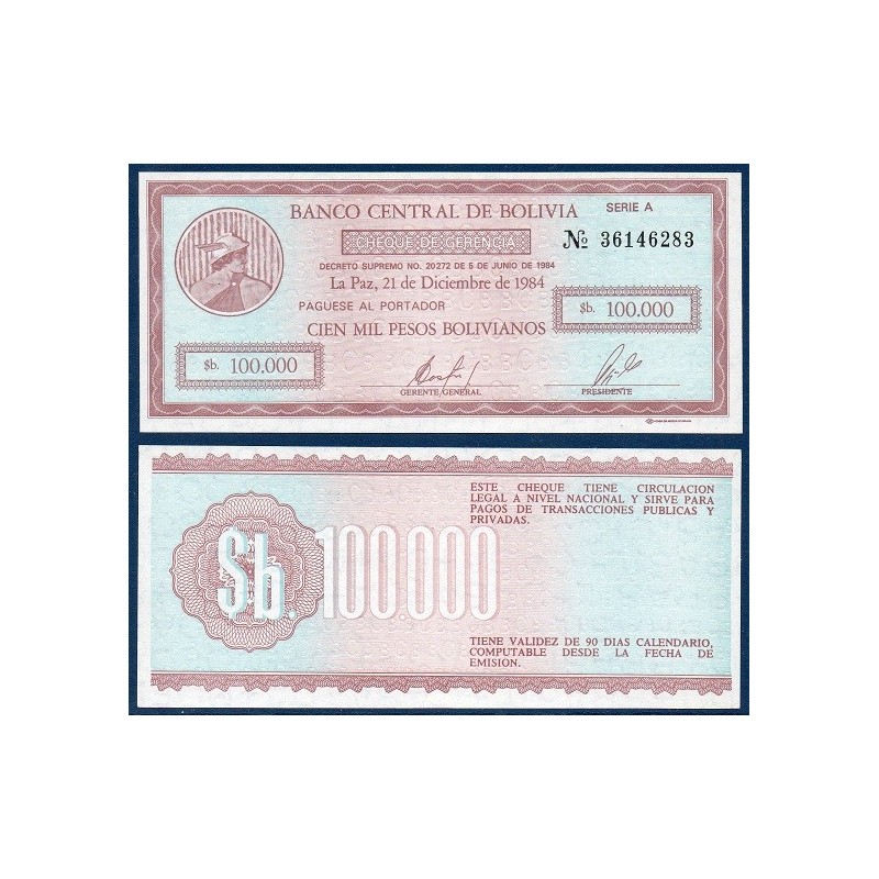 Bolivie Pick N°188, Billet de banque de 100000 Pesos 1984