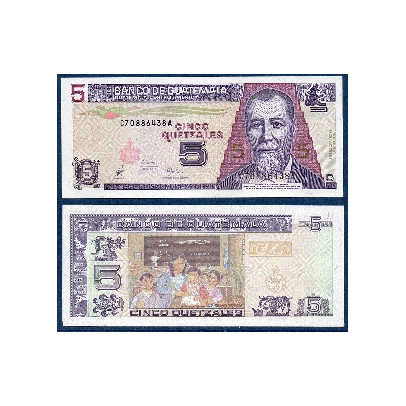 Guatemala Pick N°100, Billet de banque de 5 Quetzales 1998