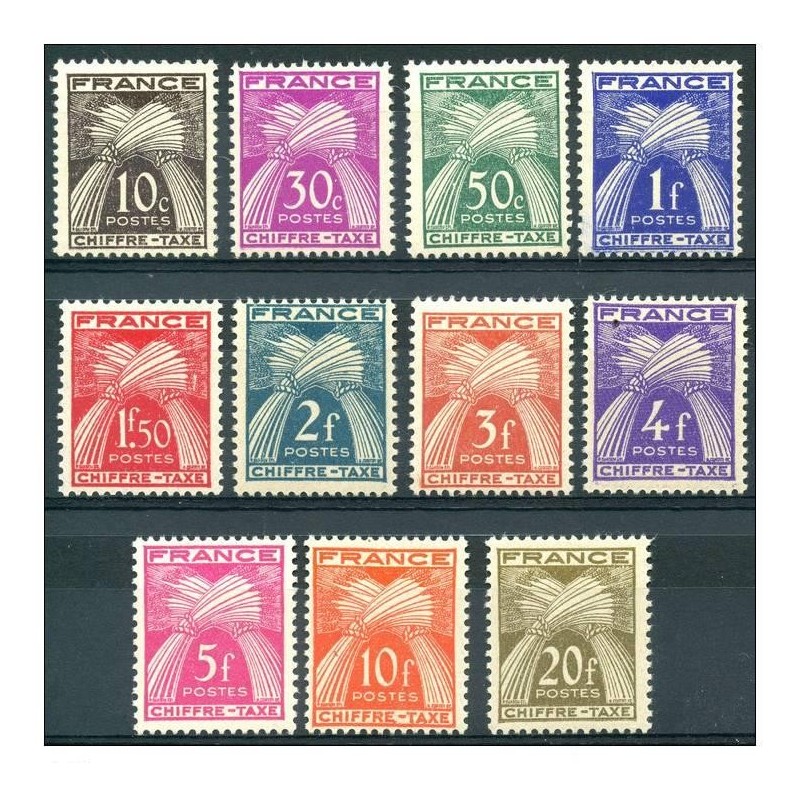 Timbres France Taxes Yvert 67-77 Types Gerbes Légende France chiffre taxe