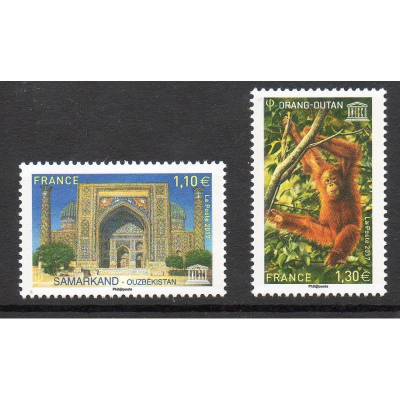 Timbres France Services Yvert 169-170 Unesco Samarkand et orang outang