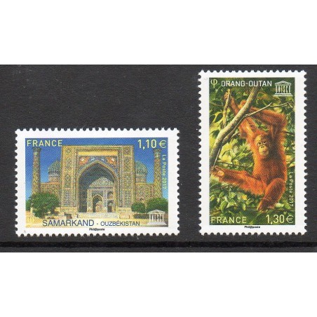 Timbres France Services Yvert 169-170 Unesco Samarkand et orang outang