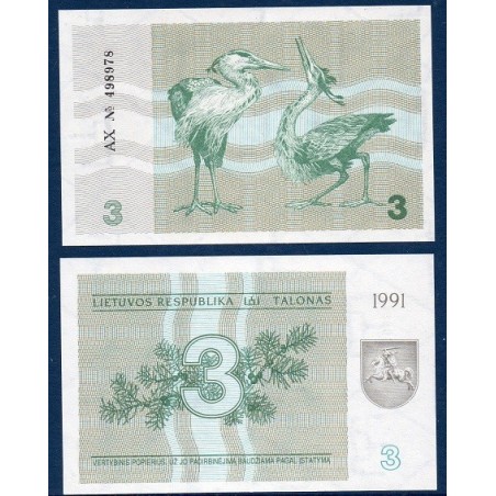 Lituanie P.33b, neuf Billet de 3 Talonu 1991 hérons gris