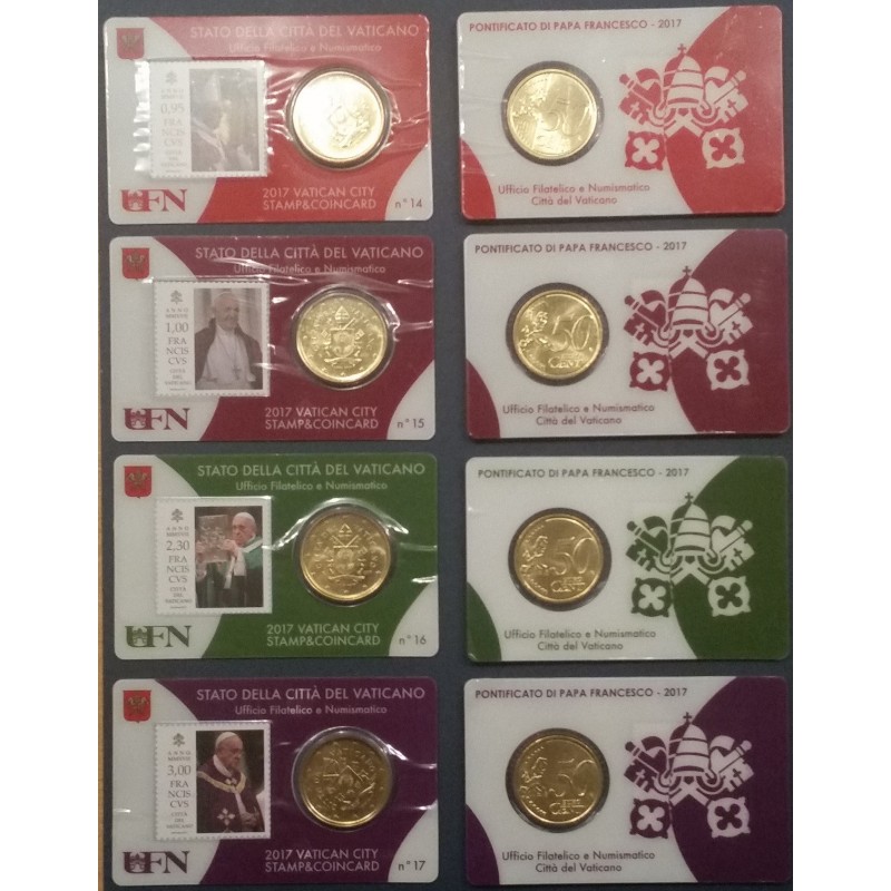 set 4 coincard Pièce 50 centimes d'euro + timbres Vatican 2017 François