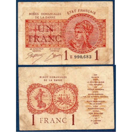 1 franc mines Domaniales de la sarre TB 1920 série E Billet du trésor Central