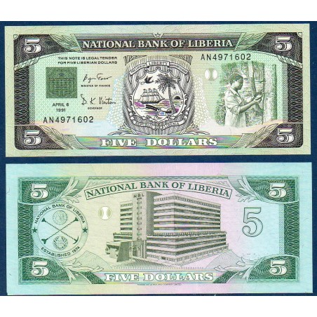 Liberia Pick N°20, Billet de banque de 5 Dollars 1991