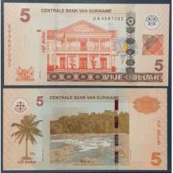 Suriname Pick N°162, Billet de banque de 5 Dollars 2010-2012