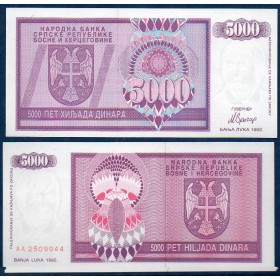 Bosnie Pick N°138a, Billet de banque de 5000 Dinara 1992