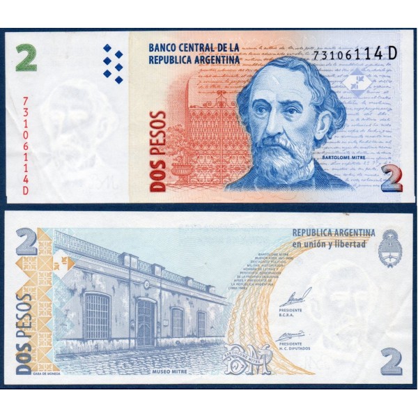 Argentine P.352, TTB Billet de 2 Pesos 2002 Bartolomé Mitre