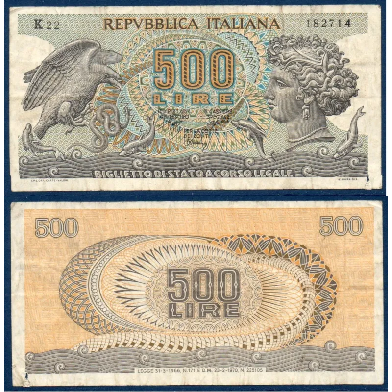 Italie P.93a, TB Billet de 500 Lire 1966-1970 Aigle Aretusa Italie P.93a, TB Billet de 500 Lire 1966-1970 Aigle Aretusa
