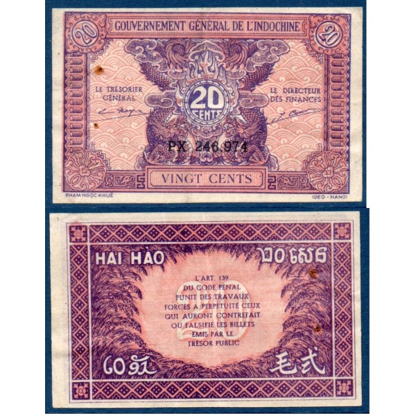 Indochine Pick N°90, Billet de banque de 20 centimes 1942