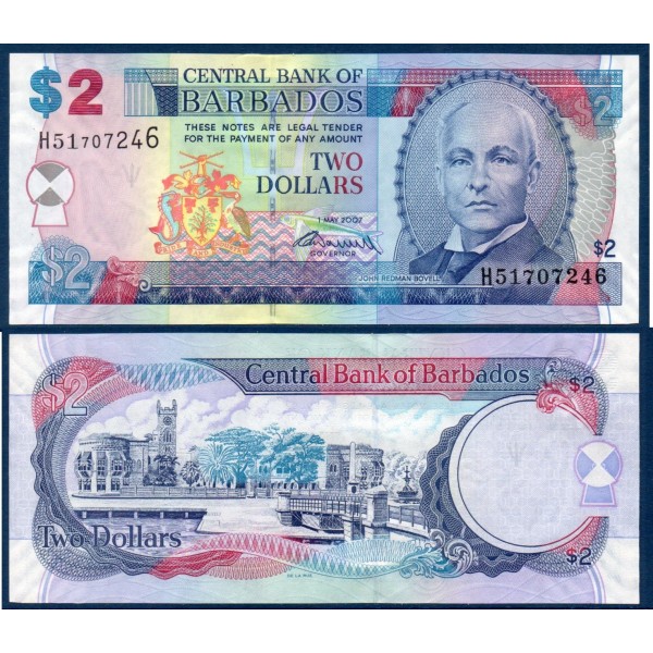 Barbade P.66b, neuf Billet de 2 dollars 2007 John Redman Bovell