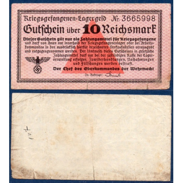 Allemagne ROS N°521, Billet de Stalag Lagergeldde 10 reichsmark  1939