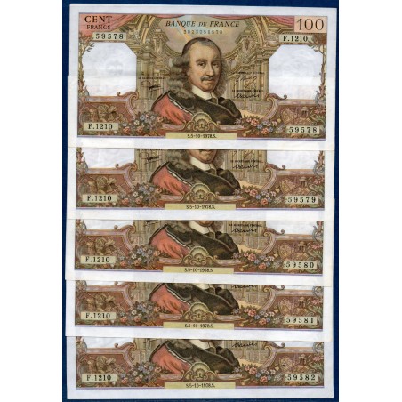 5x 100 Francs Corneille consécutifs TTB  5.10.1978 Billet de la banque de France