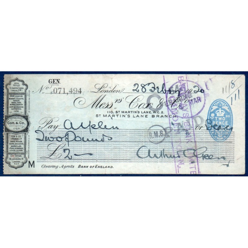 Chèque de banque de la Cox & Co de 2 livres 1920