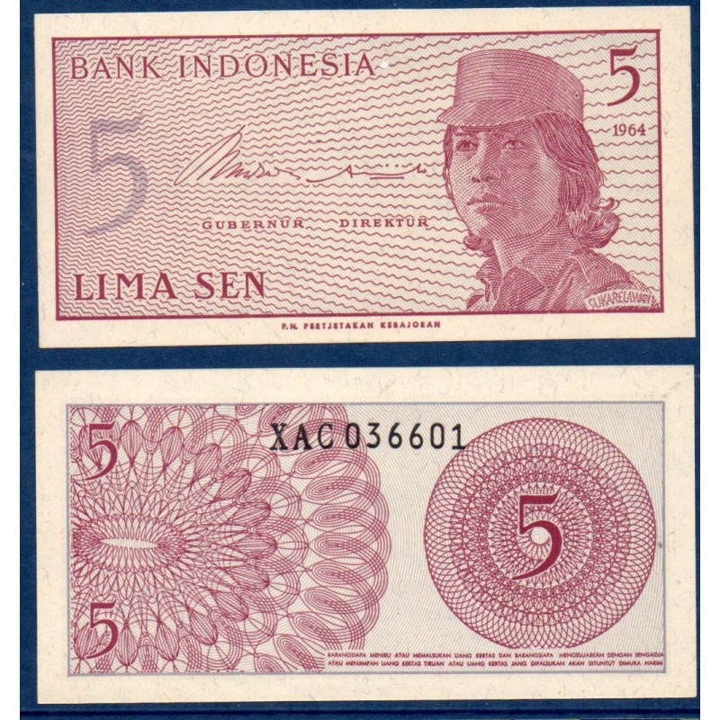 Indonésie Pick N°91s, spécimen Billet de banque de 5 sen 1964