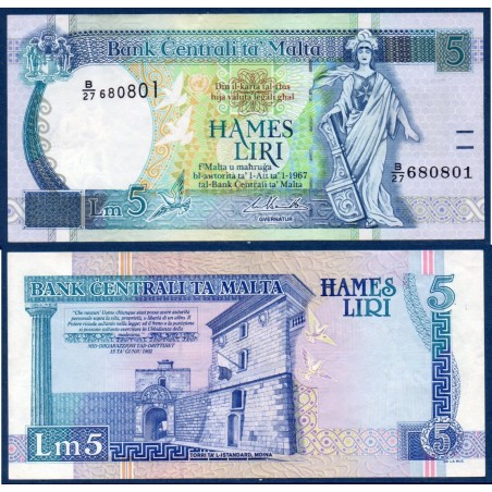 Malte Pick N°46d, Billet de banque de 5 Liri 1994