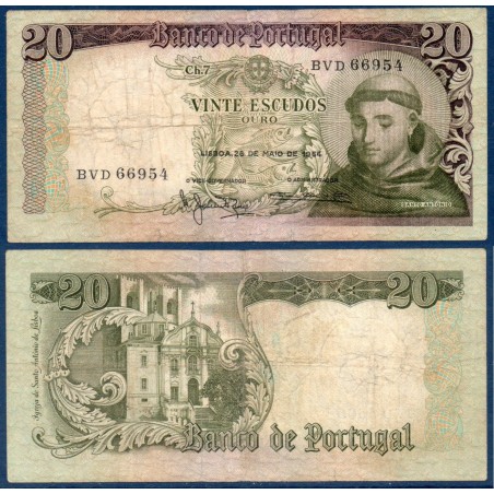 Portugal Pick N°167b, B Billet de banque de 20 Escudos 1964