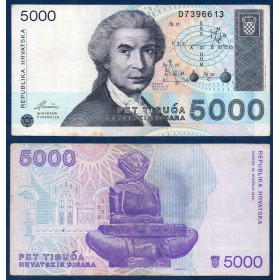 Croatie Pick N°24a, TTB Billet de banque de 5000 Dinara 1992