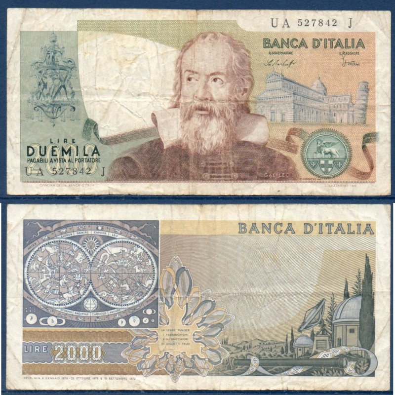 Italie P.103b, TB Billet de 2000 Lire 1976 Galilée Italie P.103b, TB Billet de 2000 Lire 1976 Galilée