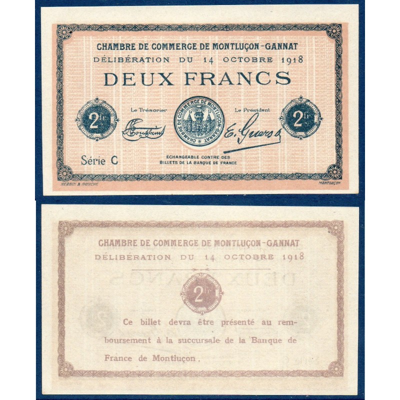 Montluçon Gannat 2 francs Spl 14 octobre 1918 Pirot 44 var Billet de la chambre de commerce