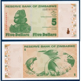 Zimbabwe P.93,Neuf, Billet de 5 Dollars 2009 Orange