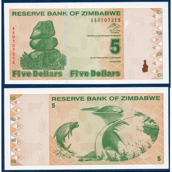Zimbabwe P.93,Neuf, Billet de 5 Dollars 2009 Orange