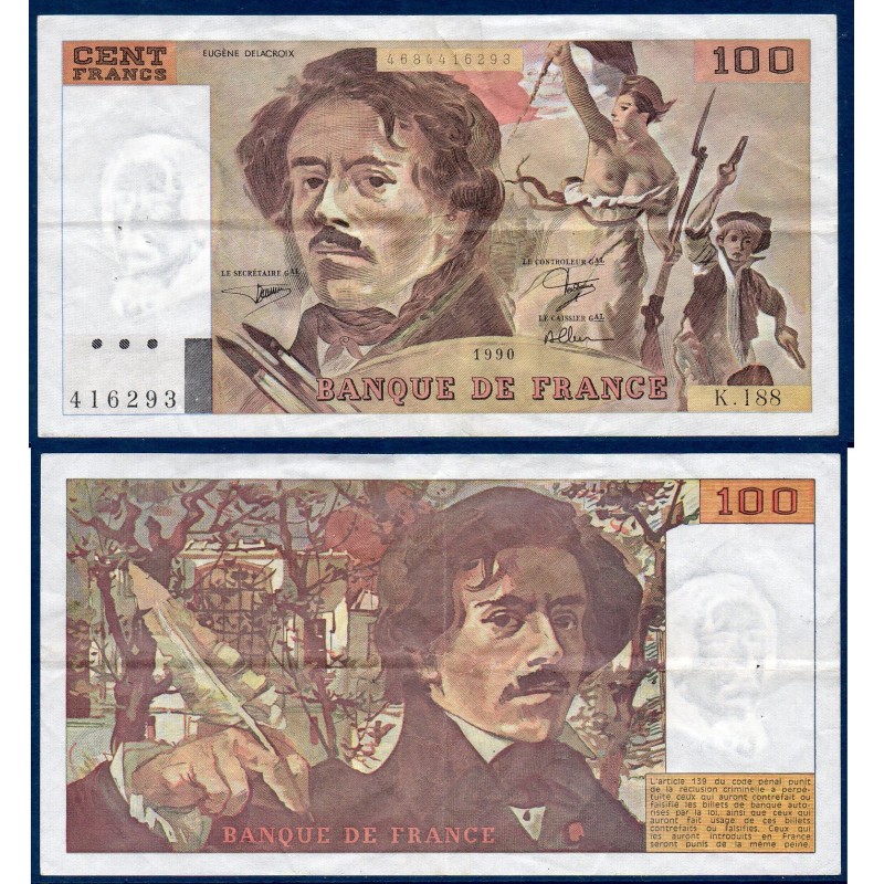 100 Francs Delacroix TB+ 1990 Billet de la banque de France