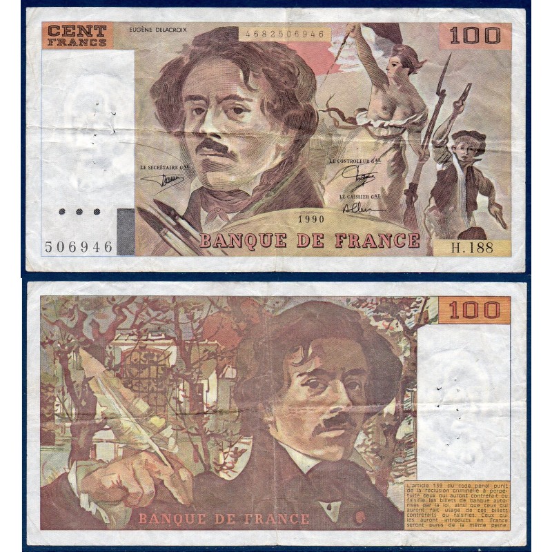 100 Francs Delacroix TB 1990 Billet de la banque de France