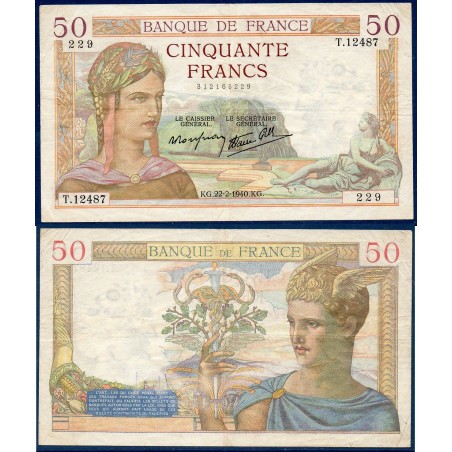 50 Francs Cérès TTB 22.2.1940 Billet de la banque de France