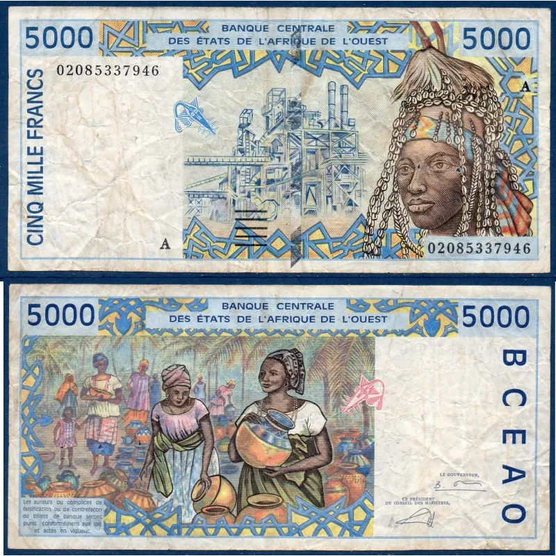 BCEAO Pick 113Al pour la Cote d'Ivoire, Billet de banque de 5000 Francs CFA 2002 BCEAO Pick 113Al pour la Cote d'Ivoire, Billet de banque de 5000 Francs CFA 2002