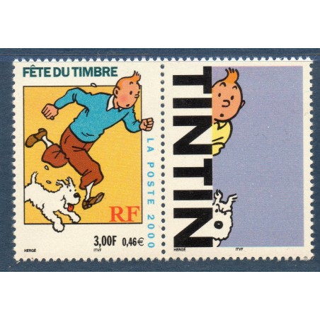 Timbre Yvert France No 3303b Journée du timbre Tintin, issu de carnet avec vignette