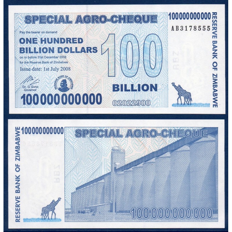 Zimbabwe P.64, Neuf, Billet de 100 billion de Dollars 2008 Girafes Zimbabwe P.64, Neuf, Billet de 100 billion de Dollars 2008 Girafes