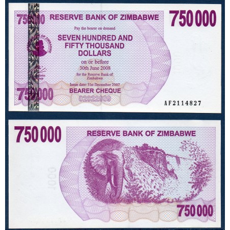 Zimbabwe Pick N°52, Billet de banque de 750000 Dollars 2007
