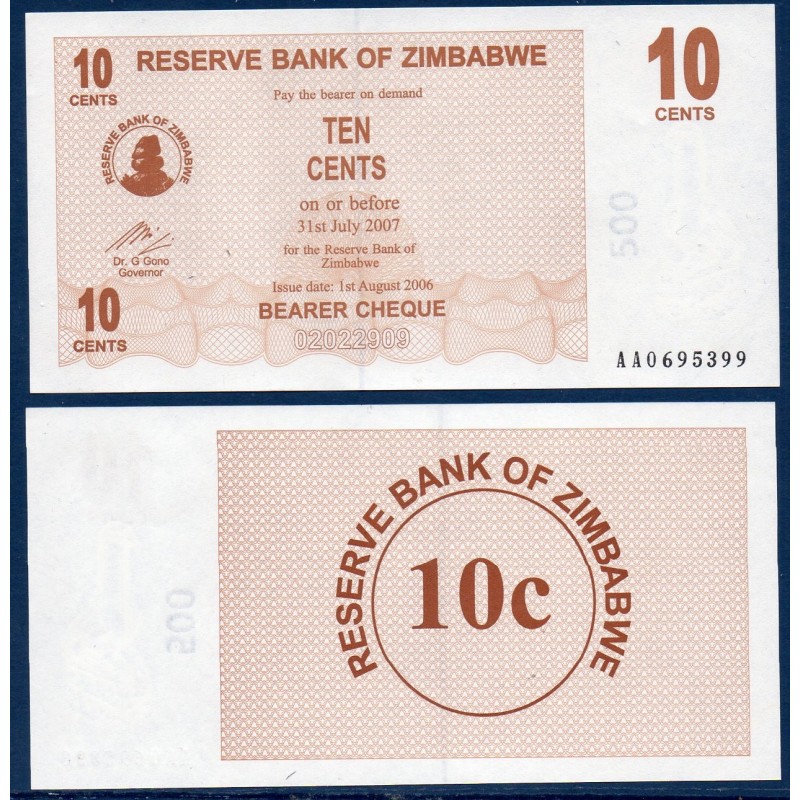 Zimbabwe Pick N°35, Billet de banque de 10 Cents 2006