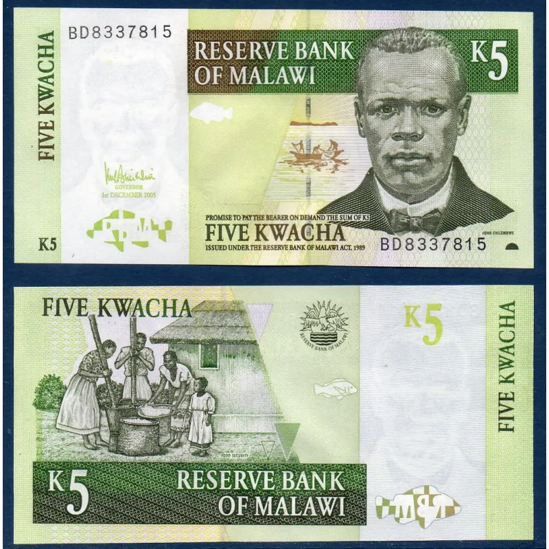 Malawi Pick N°36c, Billet de banque de 5 kwatcha 2005 Malawi Pick N°36c, Billet de banque de 5 kwatcha 2005