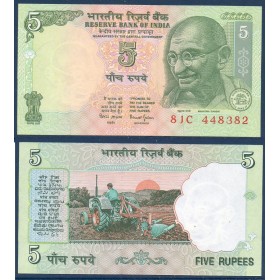 Inde P.88Aa, neuf Billet de 5 Ruppes 2002-2008
