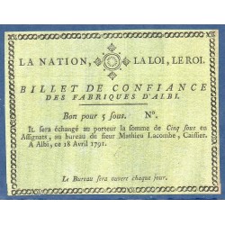 5 sous Fabriques d'Albi 1791 Neuf Billet de confiance