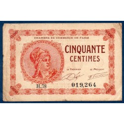 Paris 50 centimes TB+ 10 mars 1920 Pirot 10 Billet de la chambre de commerce