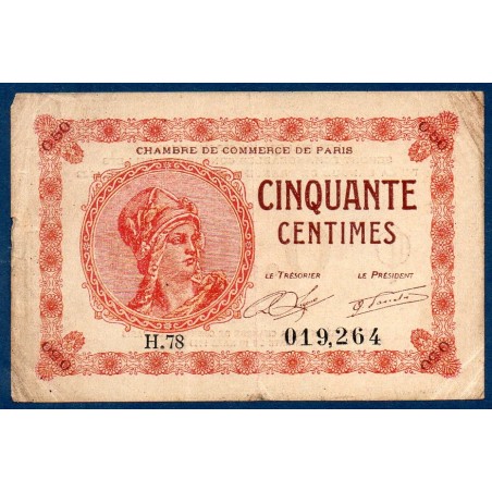 Paris 50 centimes TB+ 10 mars 1920 Pirot 10 Billet de la chambre de commerce