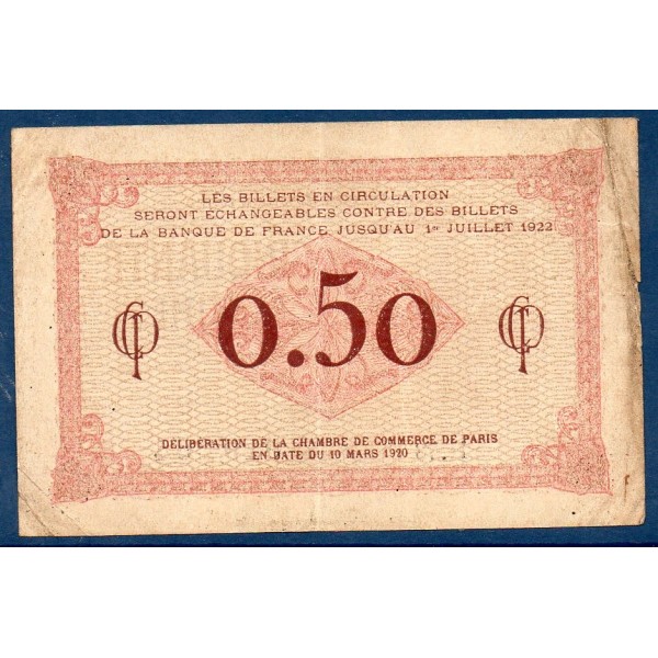 Paris 50 centimes, TB+,10.3.1920 Pirot 97.10 Billet de la chambre de commerce